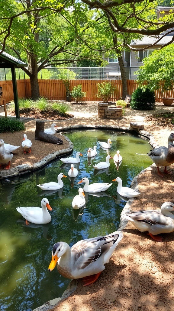 A vibrant duck enclosure with a pond, shaded areas, and ducks swimming and foraging.